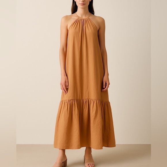 Zara Dresses & Skirts - Zara Tan Halter Maxi Dress Boho Chic Tiered Hem Size XS spring break vacation